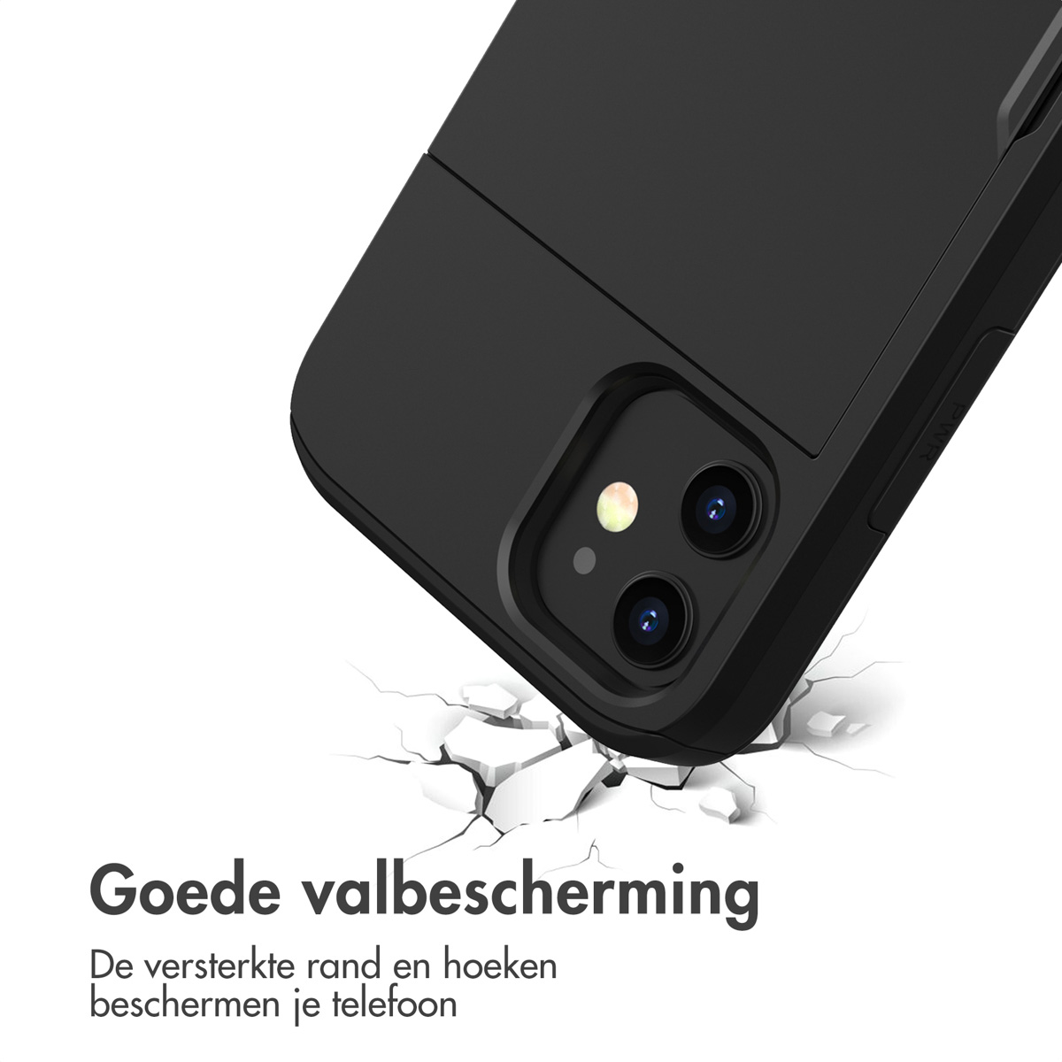A black phone case with a phone inside. The case is on a surface with cracks emanating from under it.