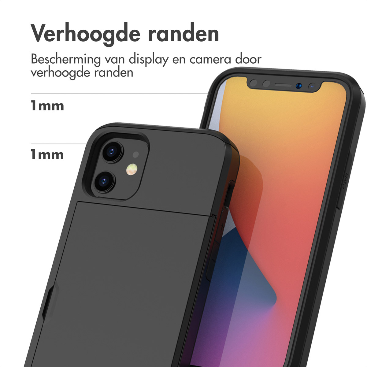 Black phone case with a phone inside. Text: 1mm raised edges.