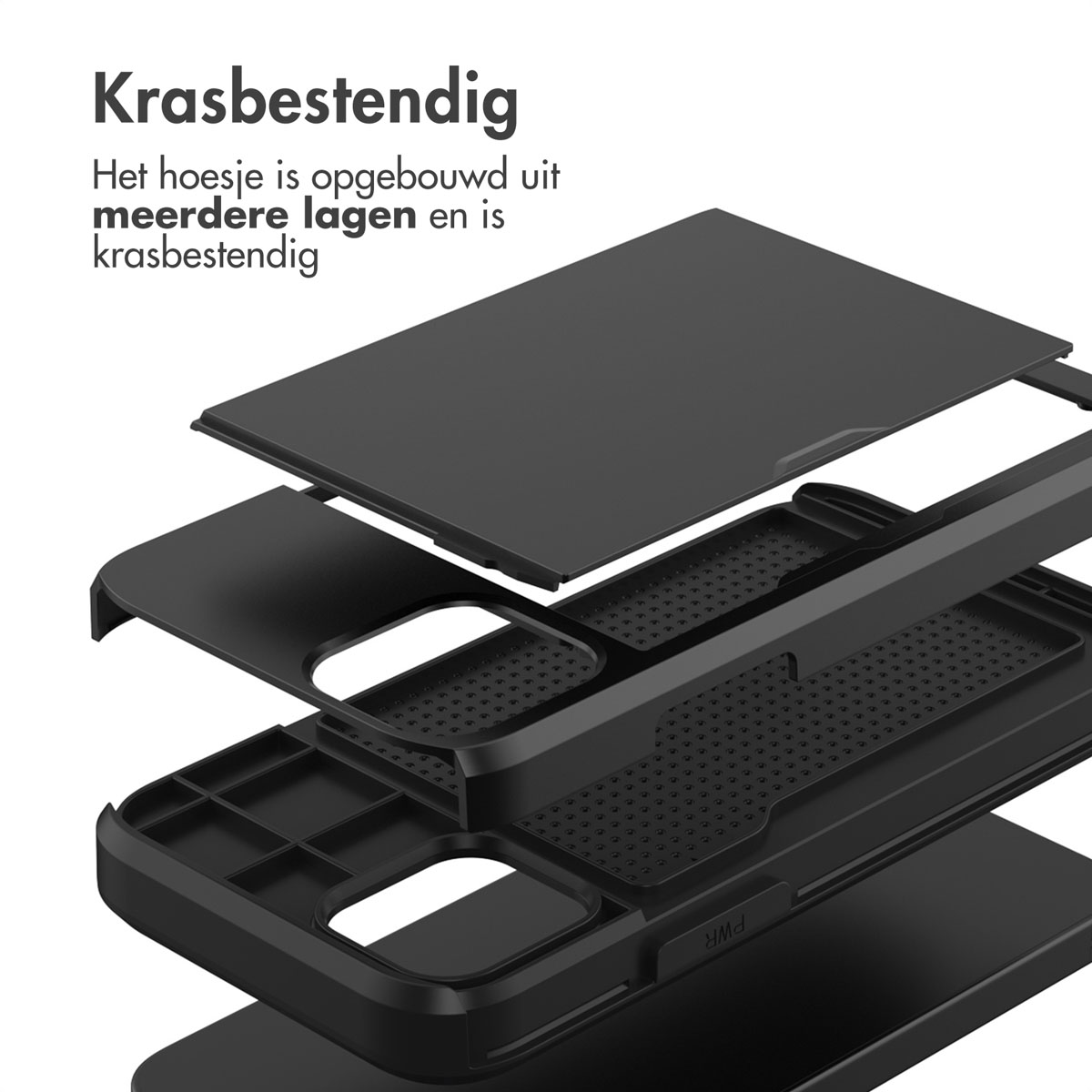Black phone case components layered and separated, showing internal structure.