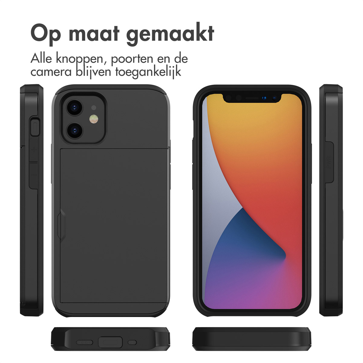 Phone case, black, with a card slot and phone, showing the screen. Multiple angles.