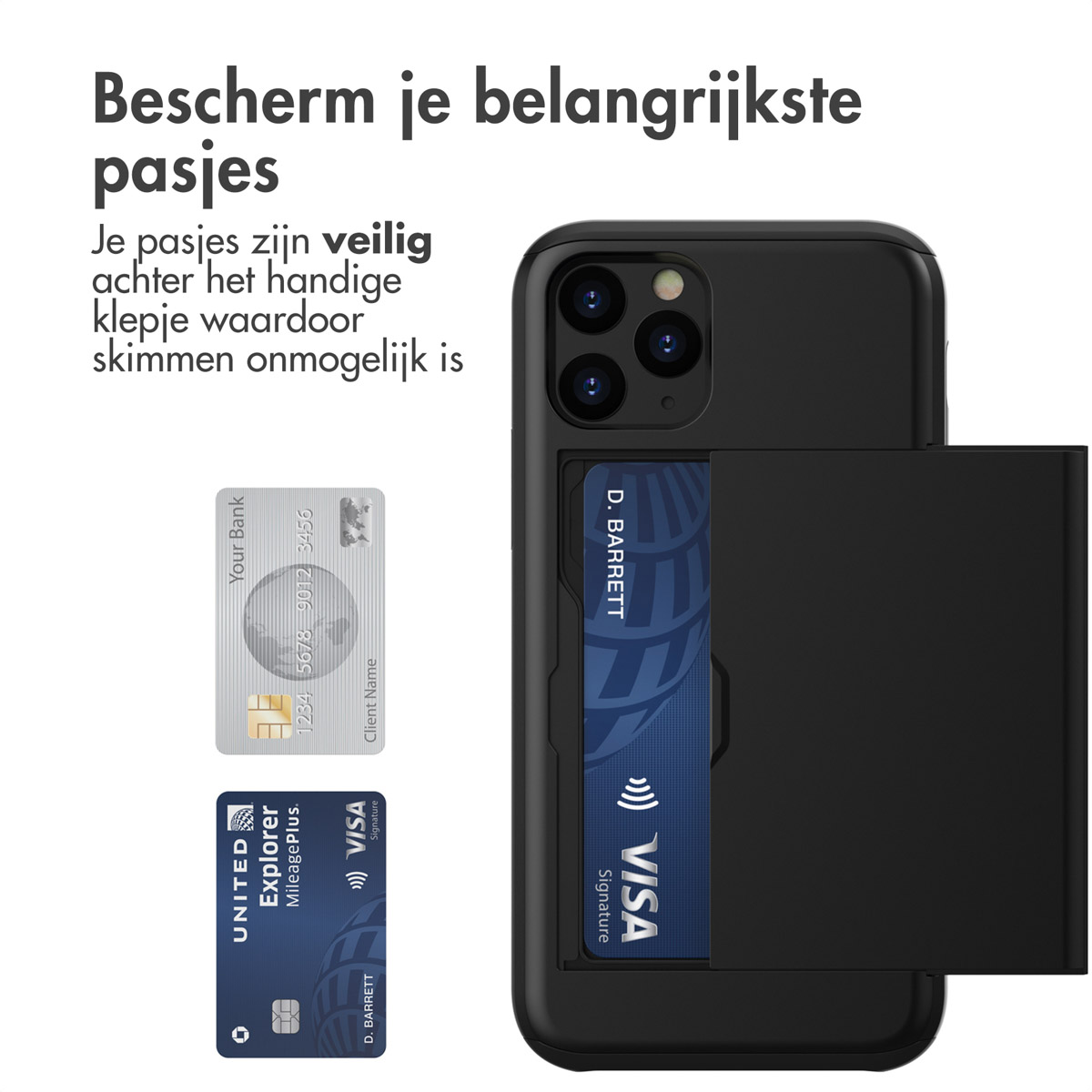 Zwarte telefoonhoes met open kaartsleuf, twee kaarten erin. Witte achtergrond.