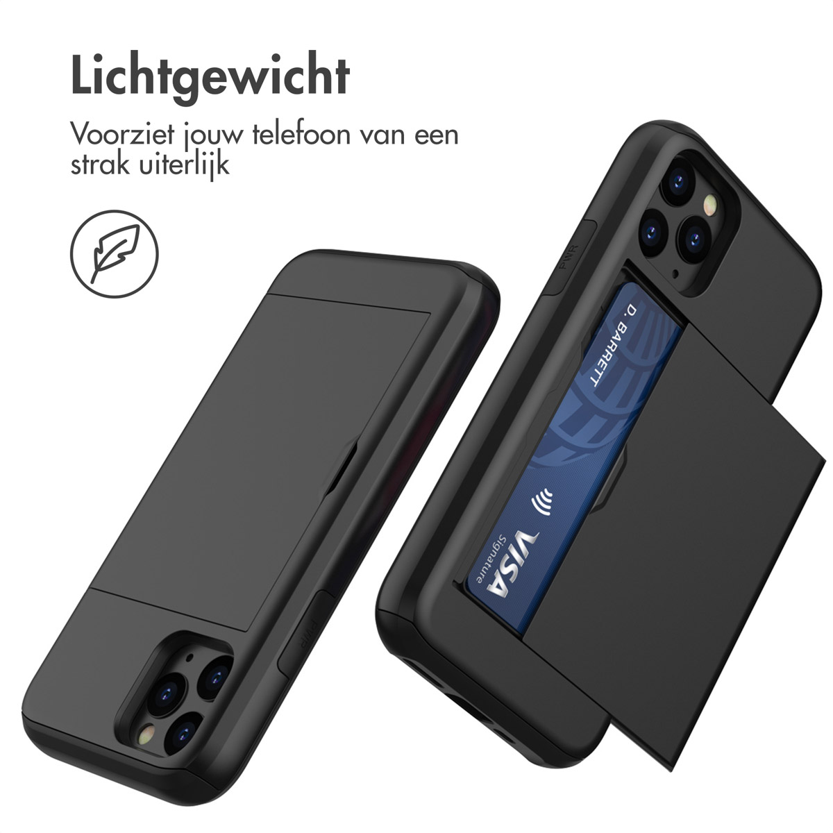 Een zwarte telefoonhoes met een kaartsleuf en een Visa-kaart erin. De hoes staat op een witte achtergrond.