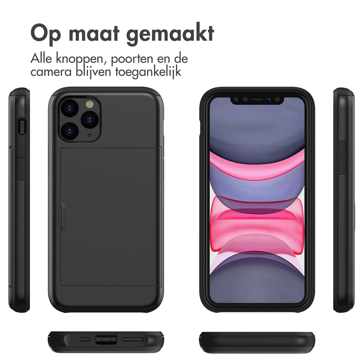 Een zwarte telefoonhoes met kaarthouder, getoond vanuit meerdere hoeken. Het scherm toont een kleurrijke achtergrond.