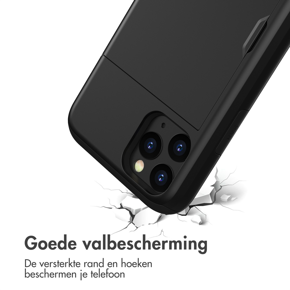 Een zwart telefoonhoesje met een gebroken oppervlak, dat de beschermingsfunctie benadrukt.