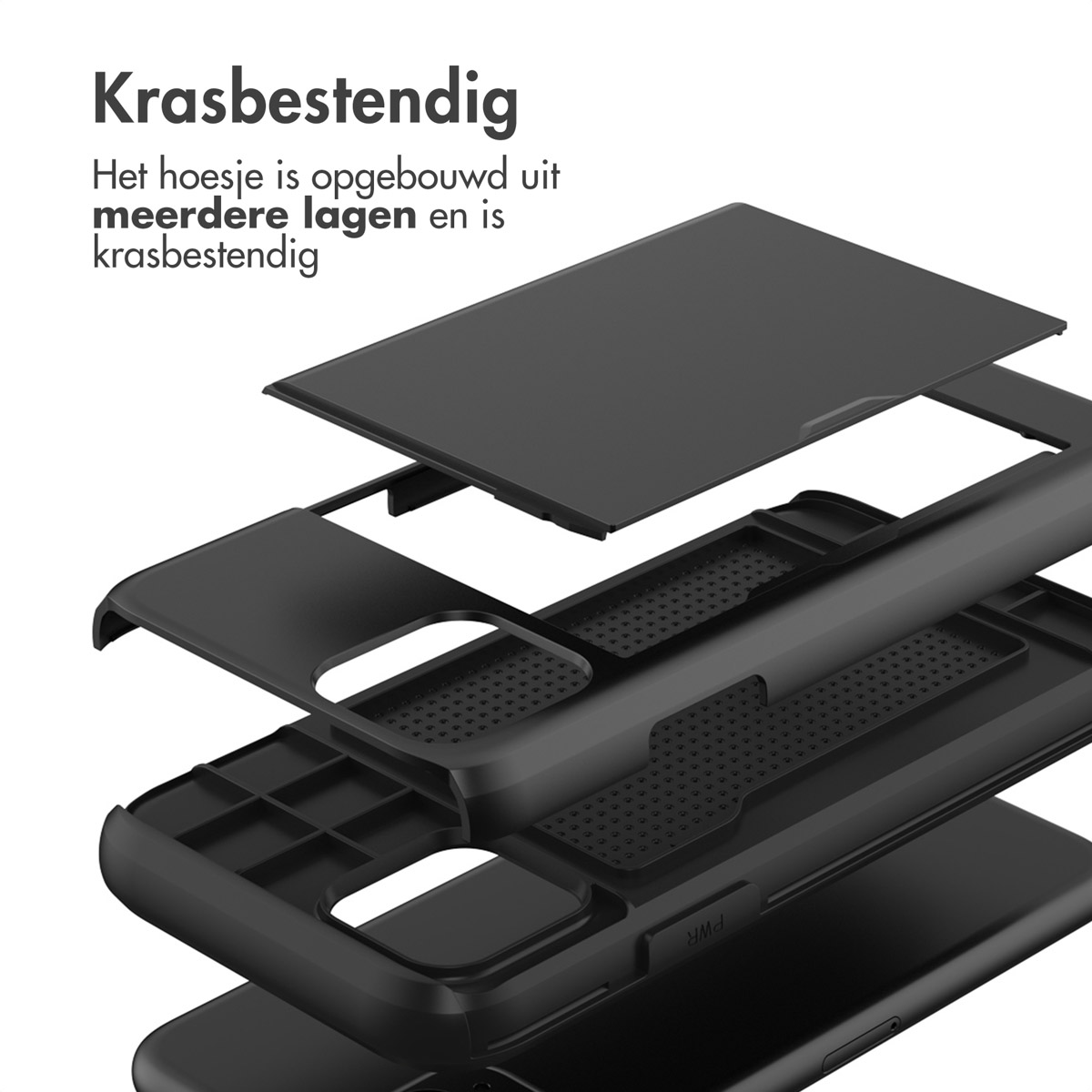 Zwarte telefoonhoeslagen. Tekst: Krasbestendig. De hoes is opgebouwd uit meerdere lagen en is krasbestendig.