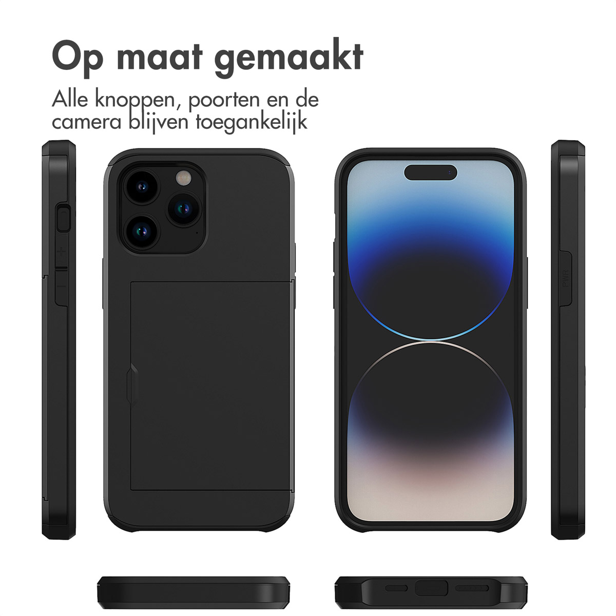 Zwarte telefoonhoes met kaartsleuf, open en dicht, toont de telefoon. Witte achtergrond.