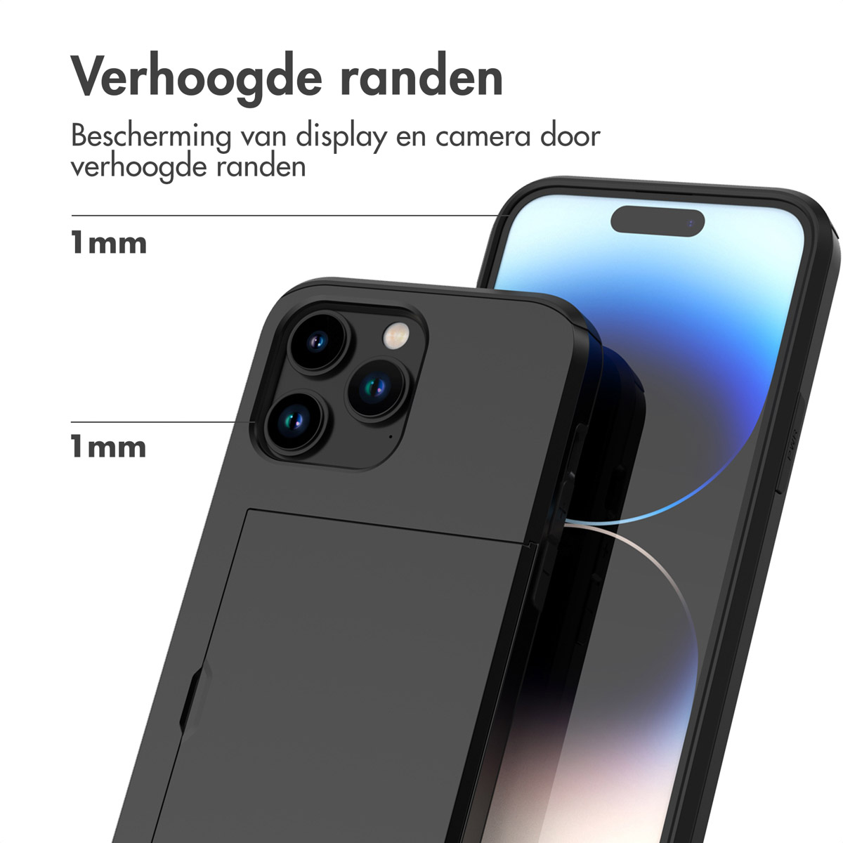Twee zwarte telefoonhoesjes tonen verhoogde randen voor scherm- en camerabescherming. Eén telefoon is zichtbaar in de hoes.