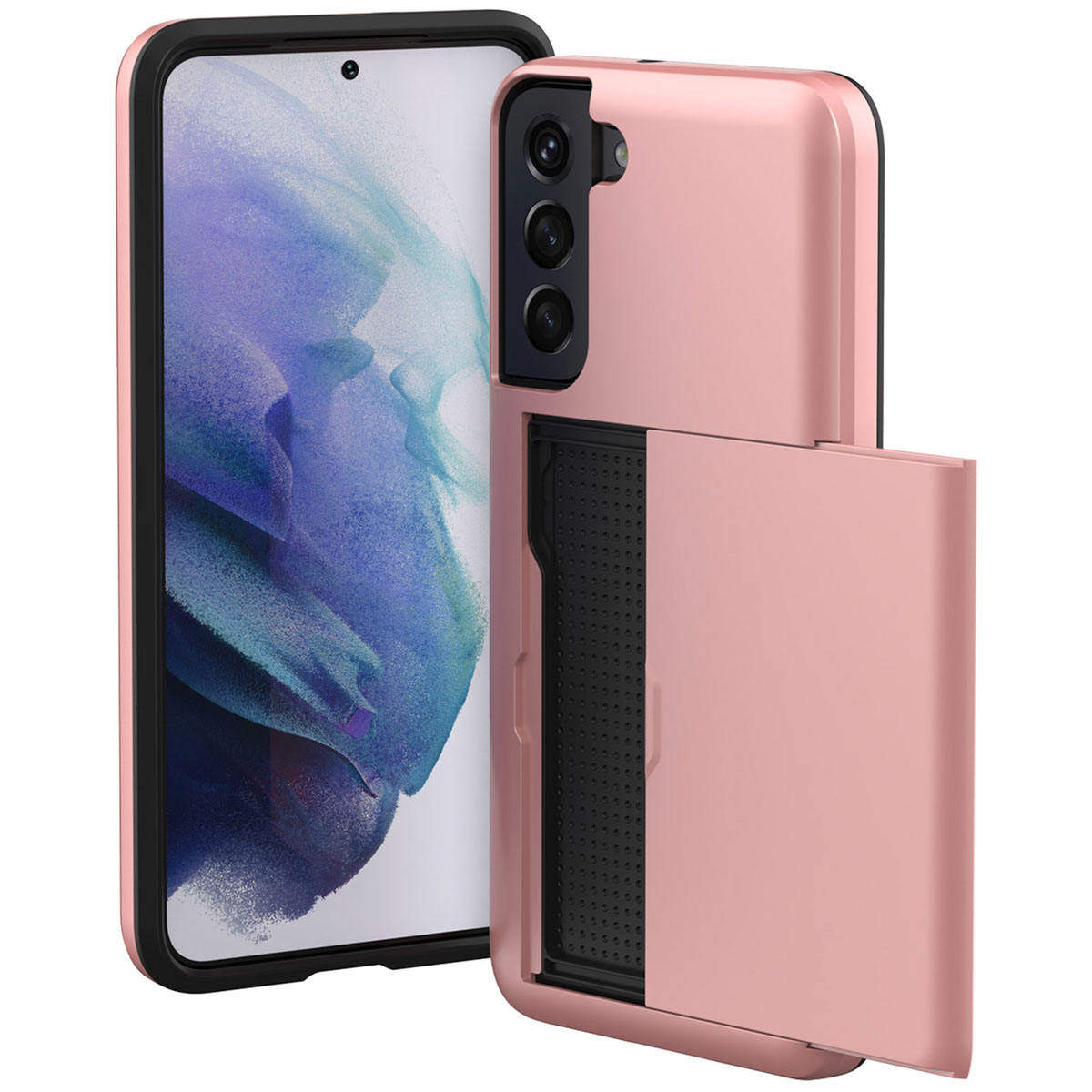 Roze telefoonhoesje met zwarte rand, telefoon zichtbaar. Open kaartsleuf. Voor- en zijaanzichten.