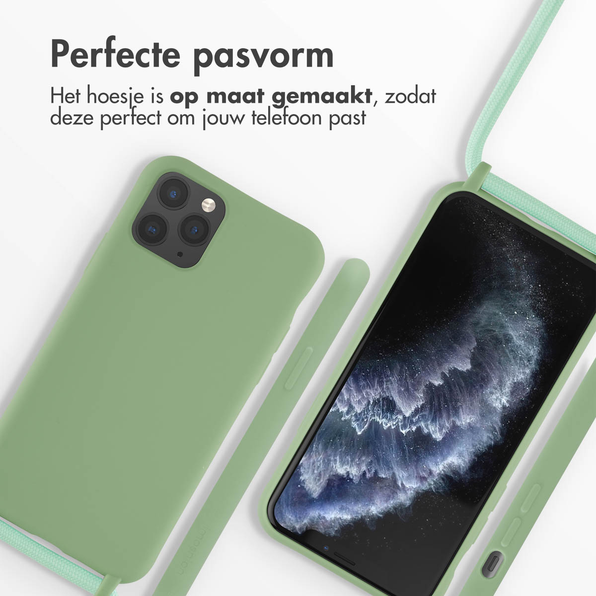 Una custodia verde per telefono con un telefono all'interno e un cordino verde.
