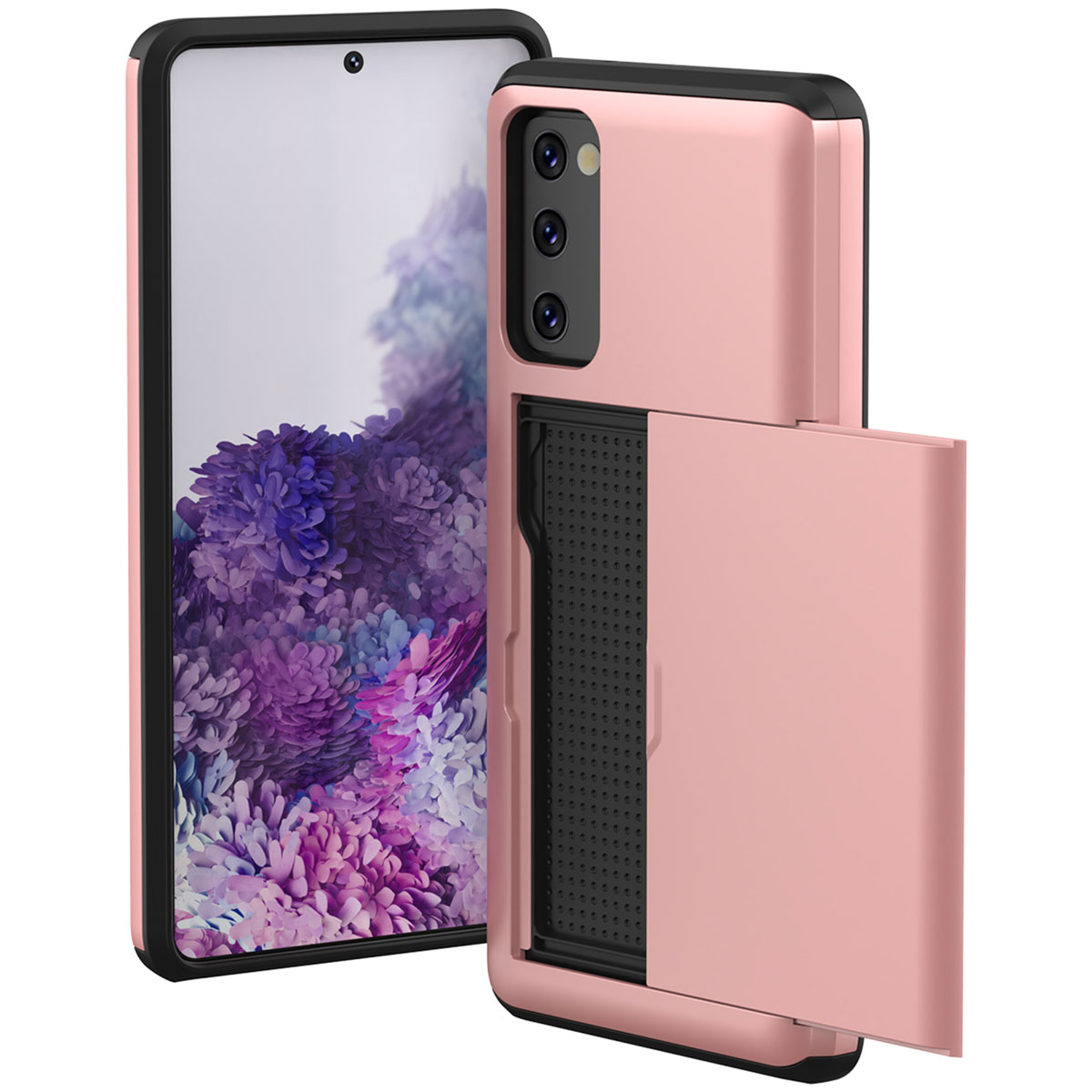 Roze telefoonhoesje met een zwarte achterkant, met de telefoon links.