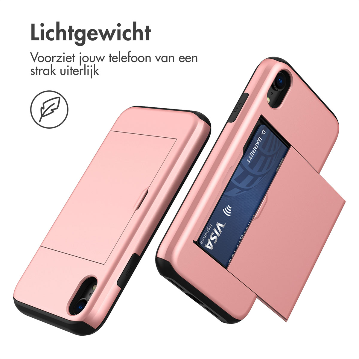 Deux coques de téléphone roses présentant la conception du porte-cartes et les fonctionnalités du téléphone.