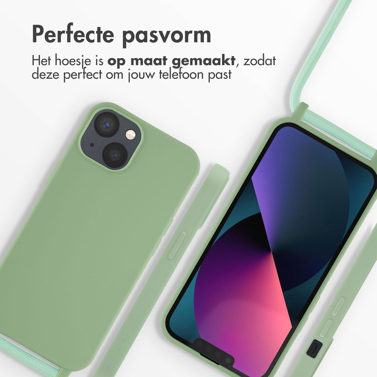 Téléphone dans un étui vert avec une sangle. Un autre téléphone dans un étui est également montré.