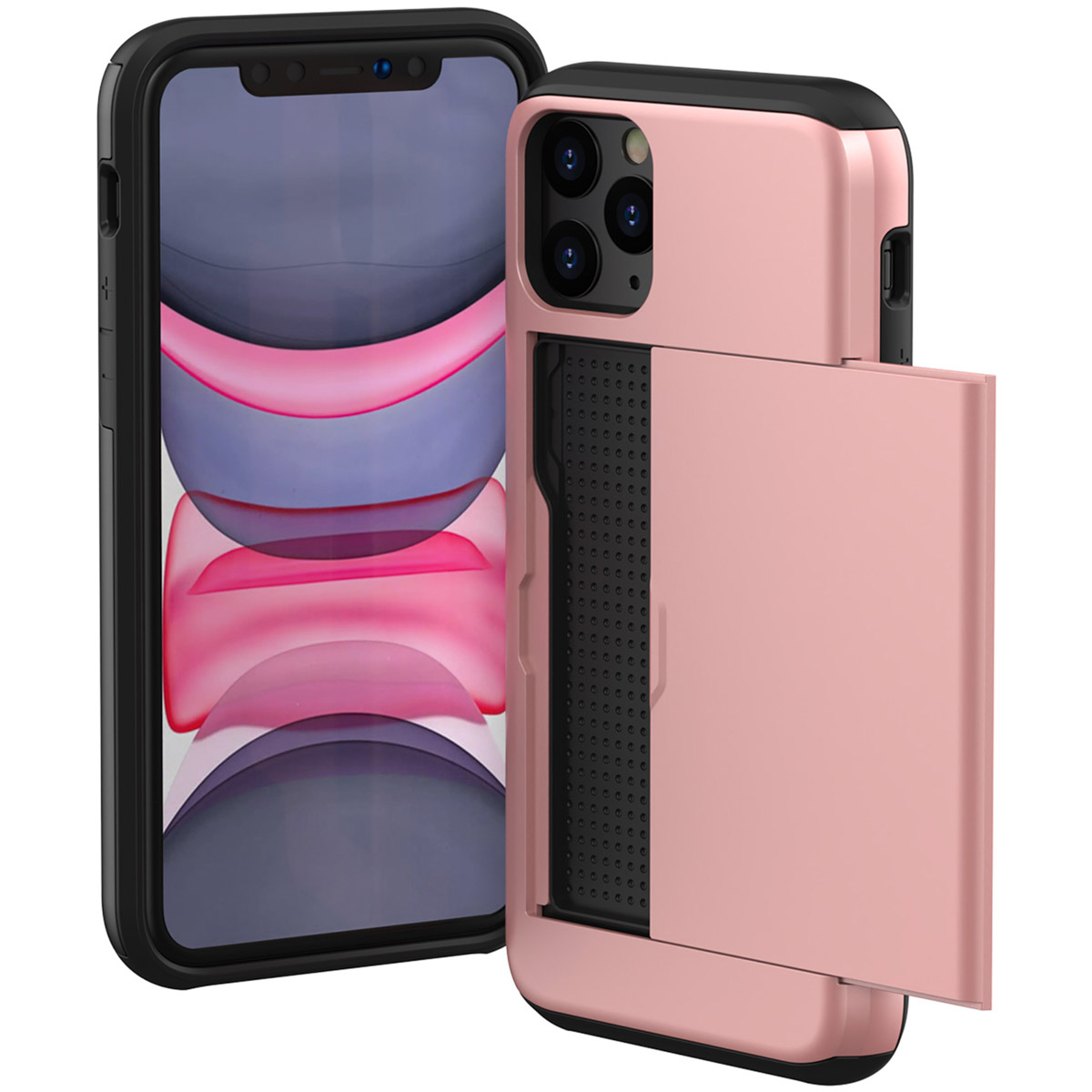 Een roze telefoonhoesje met zwarte rand en een schuifvak. Er ligt een telefoon naast.