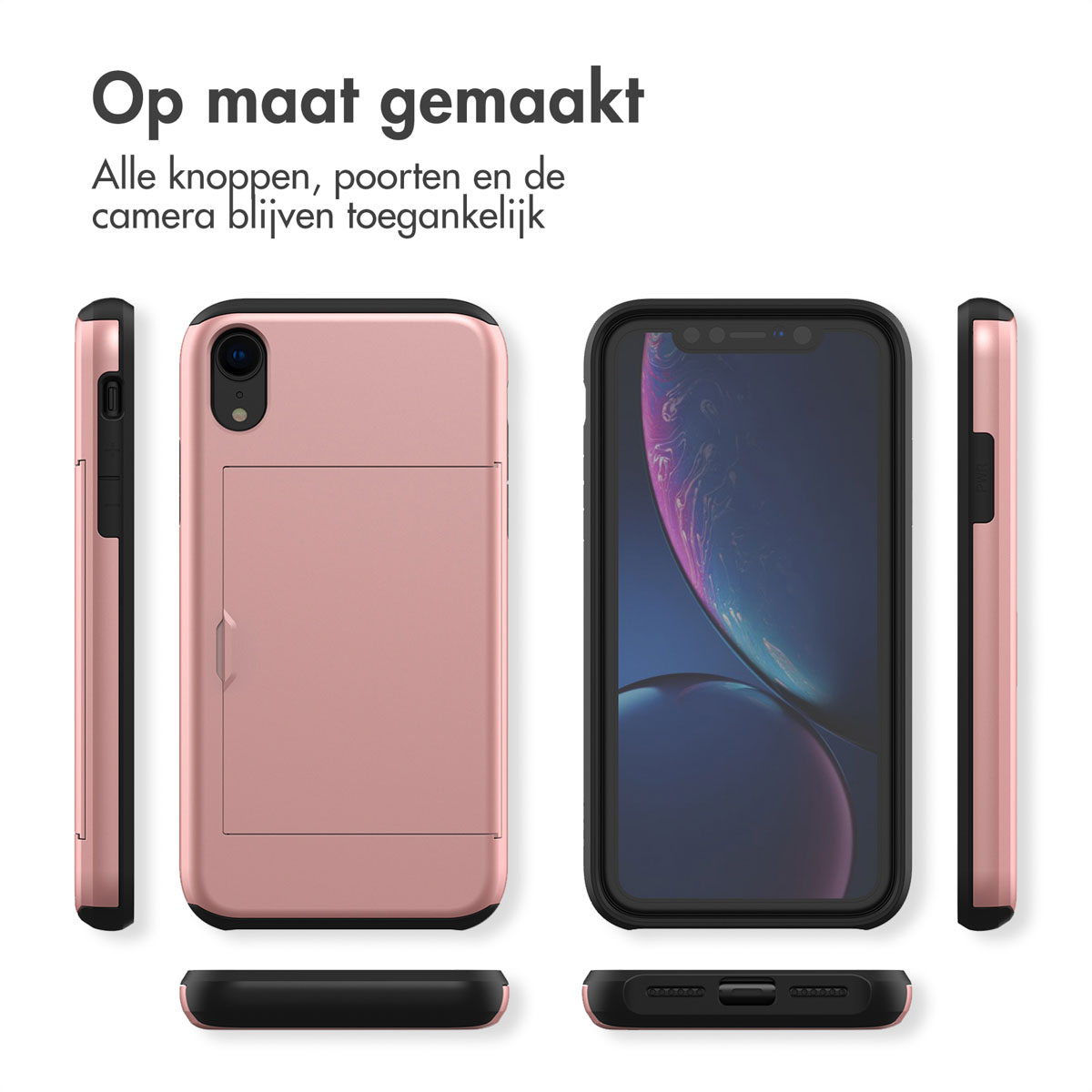 Coque de téléphone rose avec fente pour carte, téléphone à l'écran. Plusieurs vues. Fond blanc.