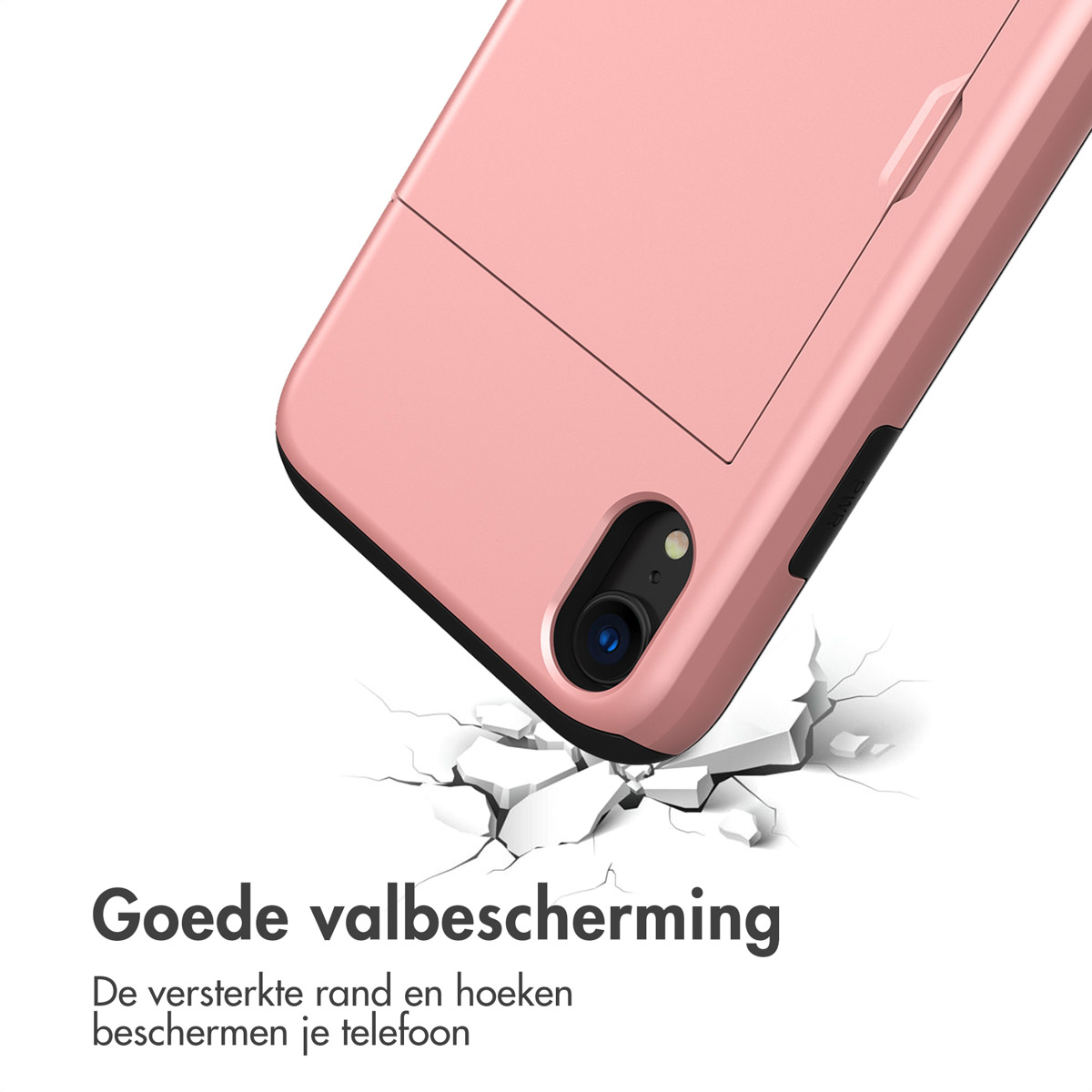 Coque de téléphone rose avec téléphone à l'intérieur, avec des fissures au sol.