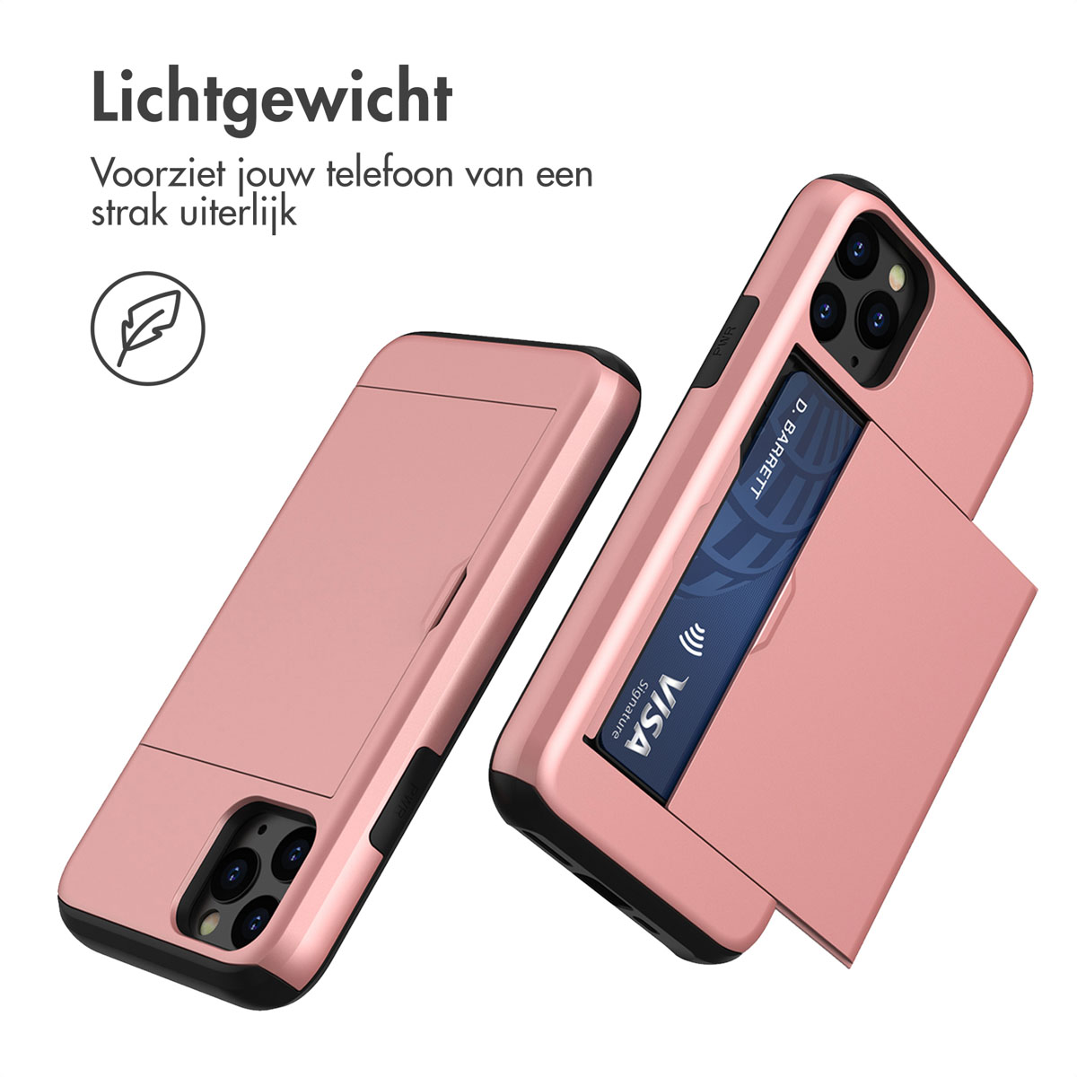 Twee roze telefoonhoesjes met kaartsleuf. Eén met kaart erin. Witte achtergrond.