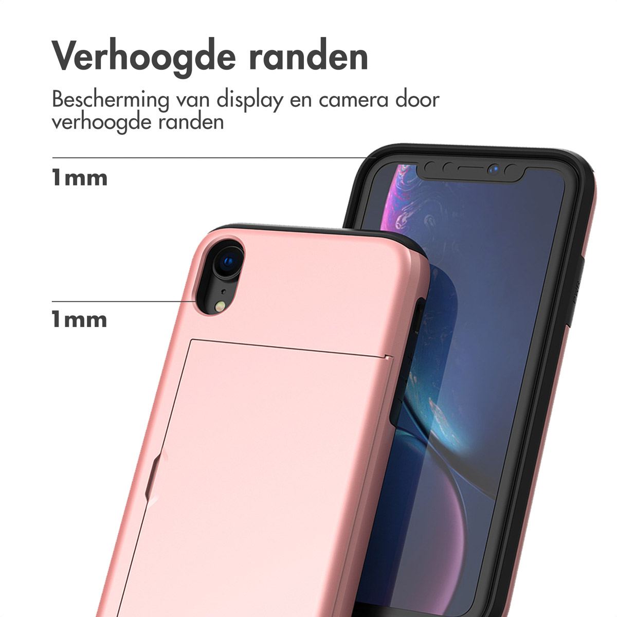 Coque rose avec bords surélevés. Le téléphone est dans la coque. Porte-cartes.
