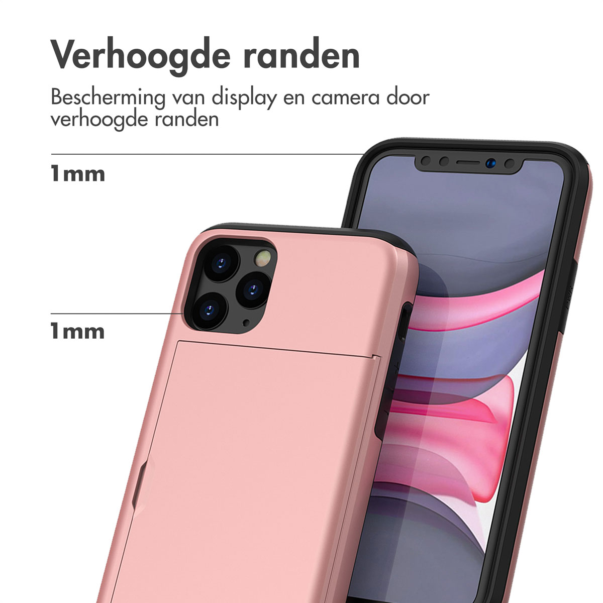 Roze telefoonhoes, met verhoogde randen voor scherm- en camerabescherming.