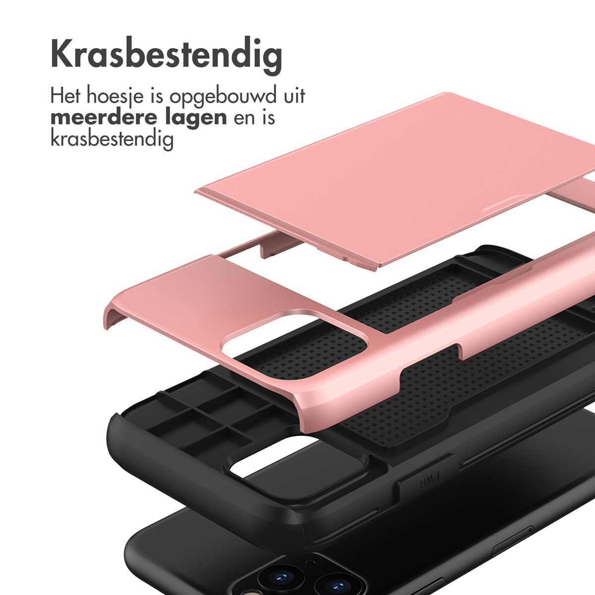 Exploded view van een telefoonhoesje. Toont gelaagde constructie van meerdere onderdelen.