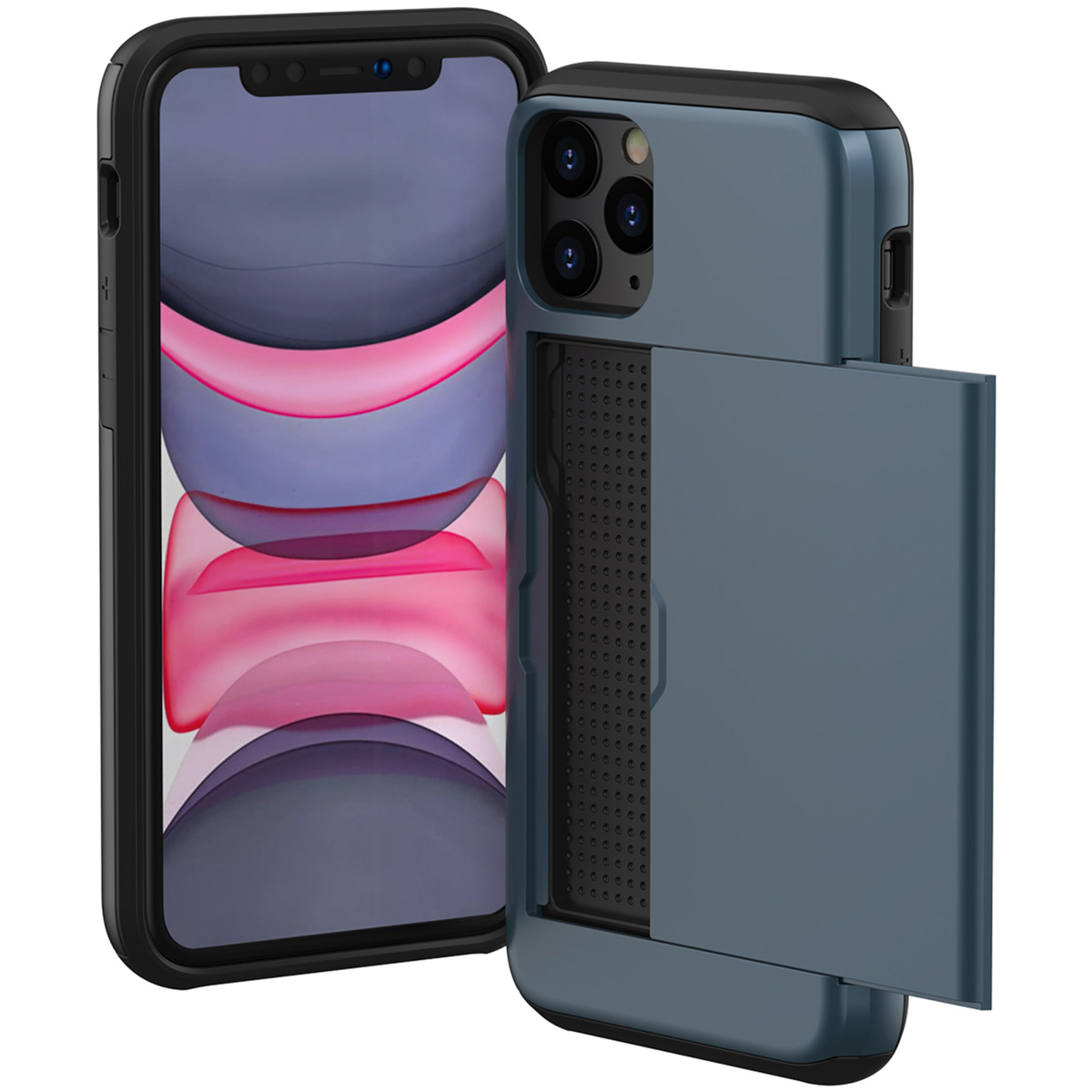 Een blauw telefoonhoesje met de telefoon erin. De hoes heeft een kaarthouder.
