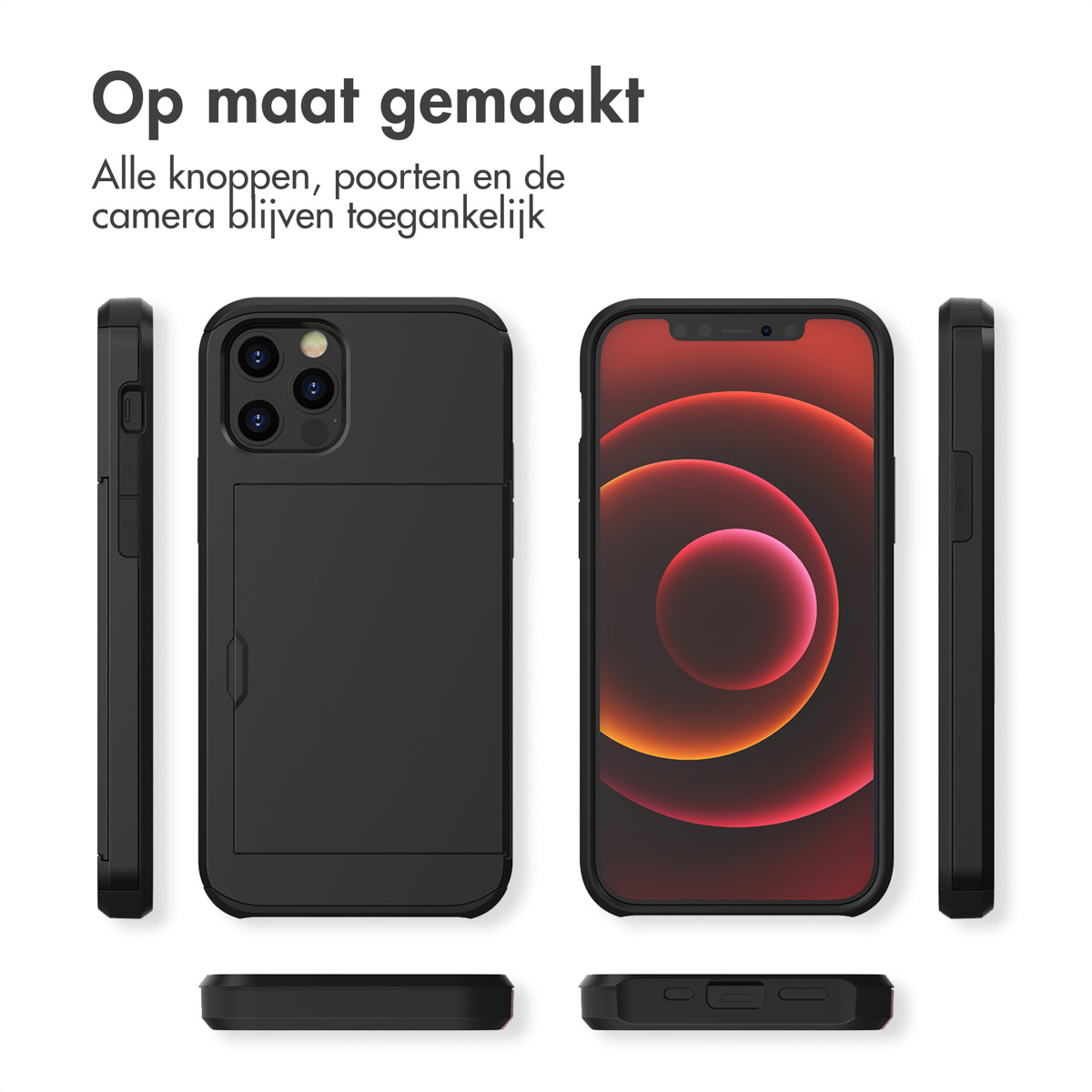 Coque de téléphone avec un téléphone à l'intérieur, montrant le côté et l'arrière du téléphone et la coque.