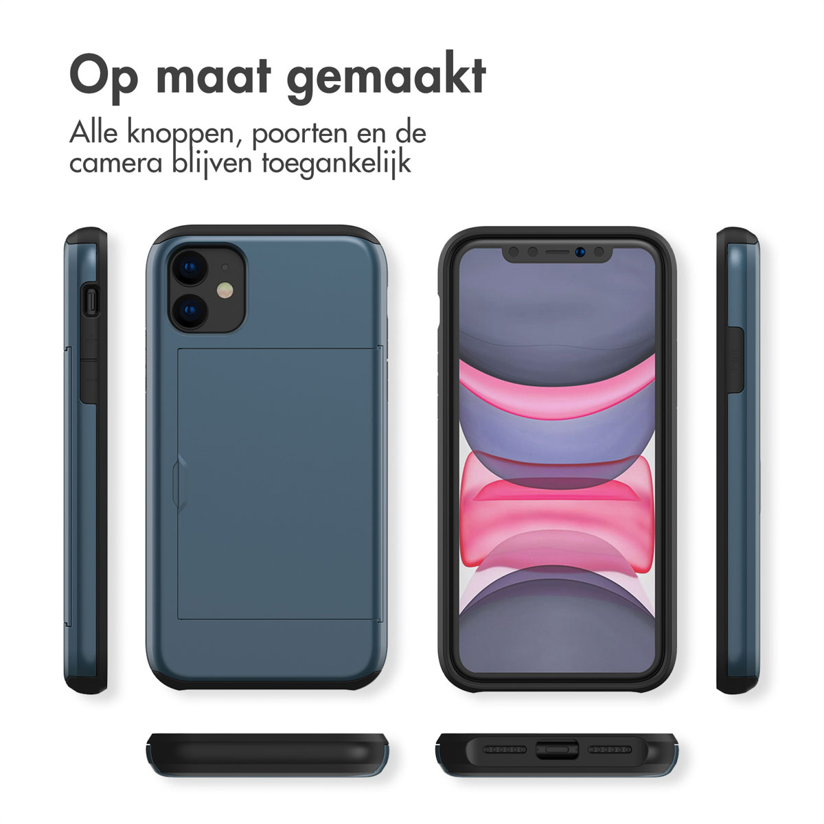 Blauw telefoonhoesje en telefoon. De tekst zegt: op maat gemaakt.