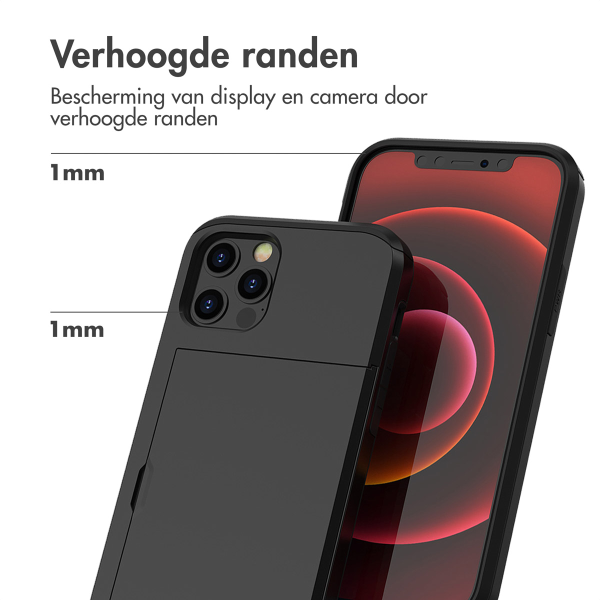 Coque de téléphone noire avec fente pour carte, téléphone à l'écran. Montrant des bords surélevés de 1 mm. Fond blanc.