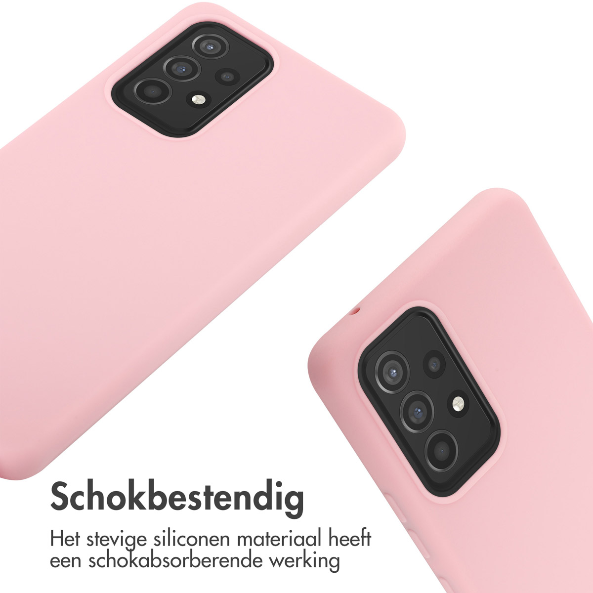 Deux coques de téléphone roses. Texte : Résistant aux chocs. Le matériau en silicone robuste a un effet d'absorption des chocs.