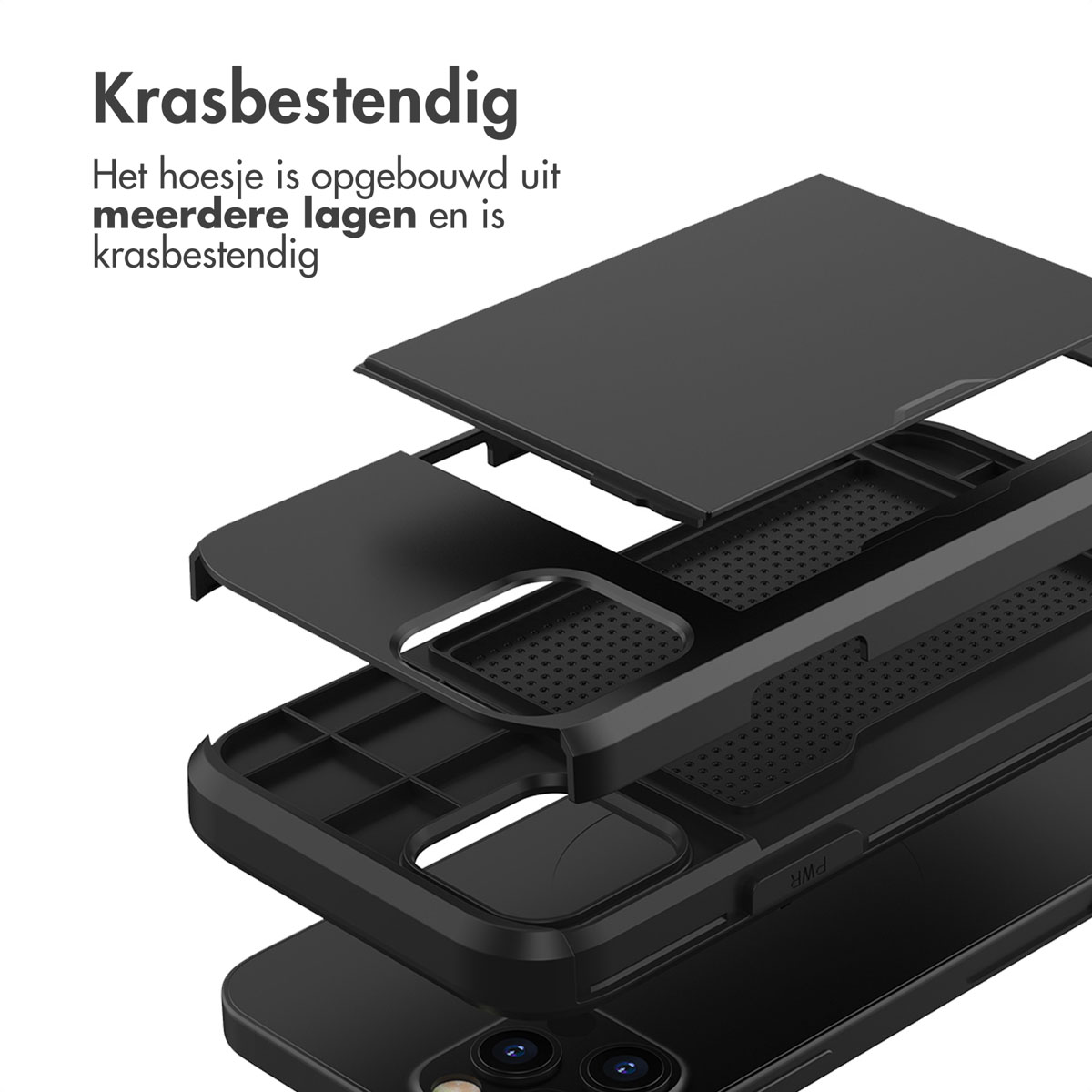 Coque de téléphone noire avec couches séparées, montrant l'intérieur. Téléphone noir en bas.