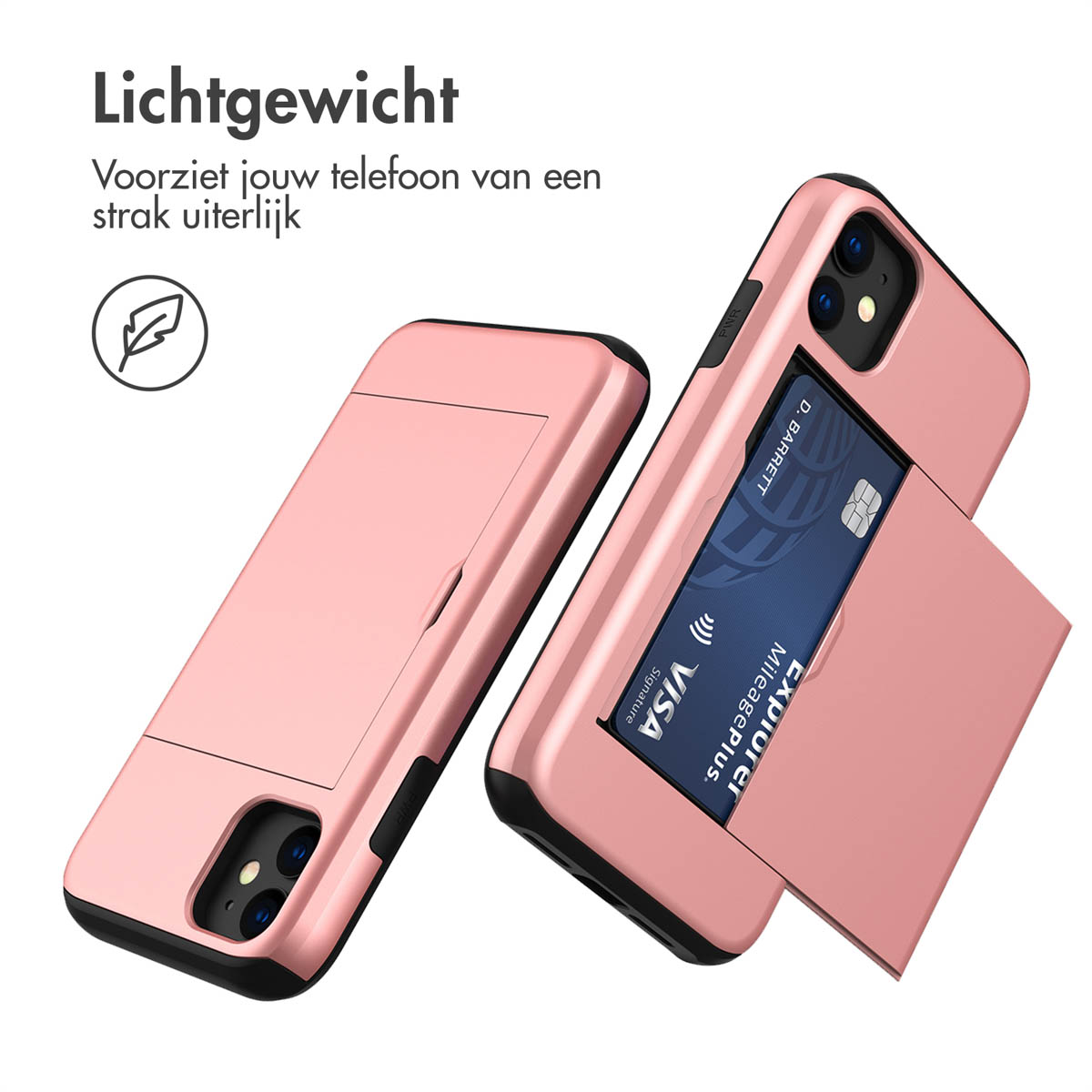 Roze telefoonhoes met kaartsleuf, open, toont een creditcard. Witte achtergrond.