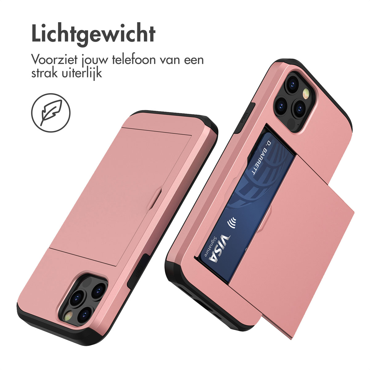 Roze telefoonhoesje met kaarthouder. Een Visa-kaart is zichtbaar. De hoes bevindt zich op een witte achtergrond.