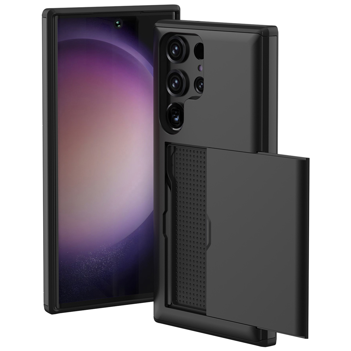 Coque de téléphone noire avec fente pour cartes, ouverte, montrant le téléphone. Blanc.