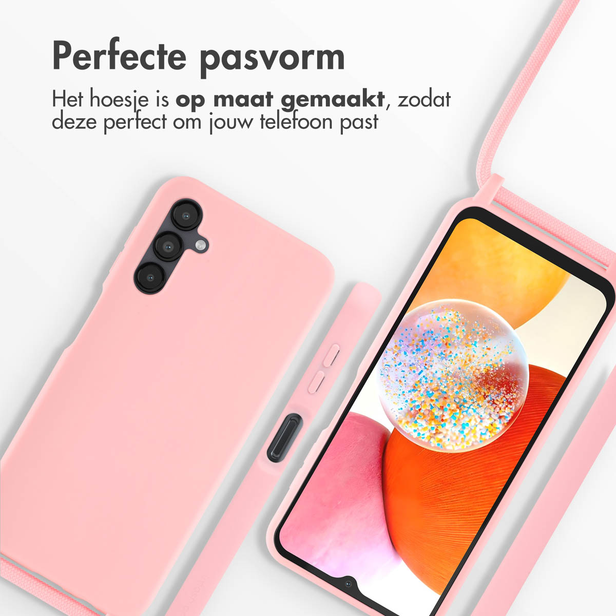 Roze telefoonhoes met een koord. Telefoon in de hoes. Witte achtergrond.