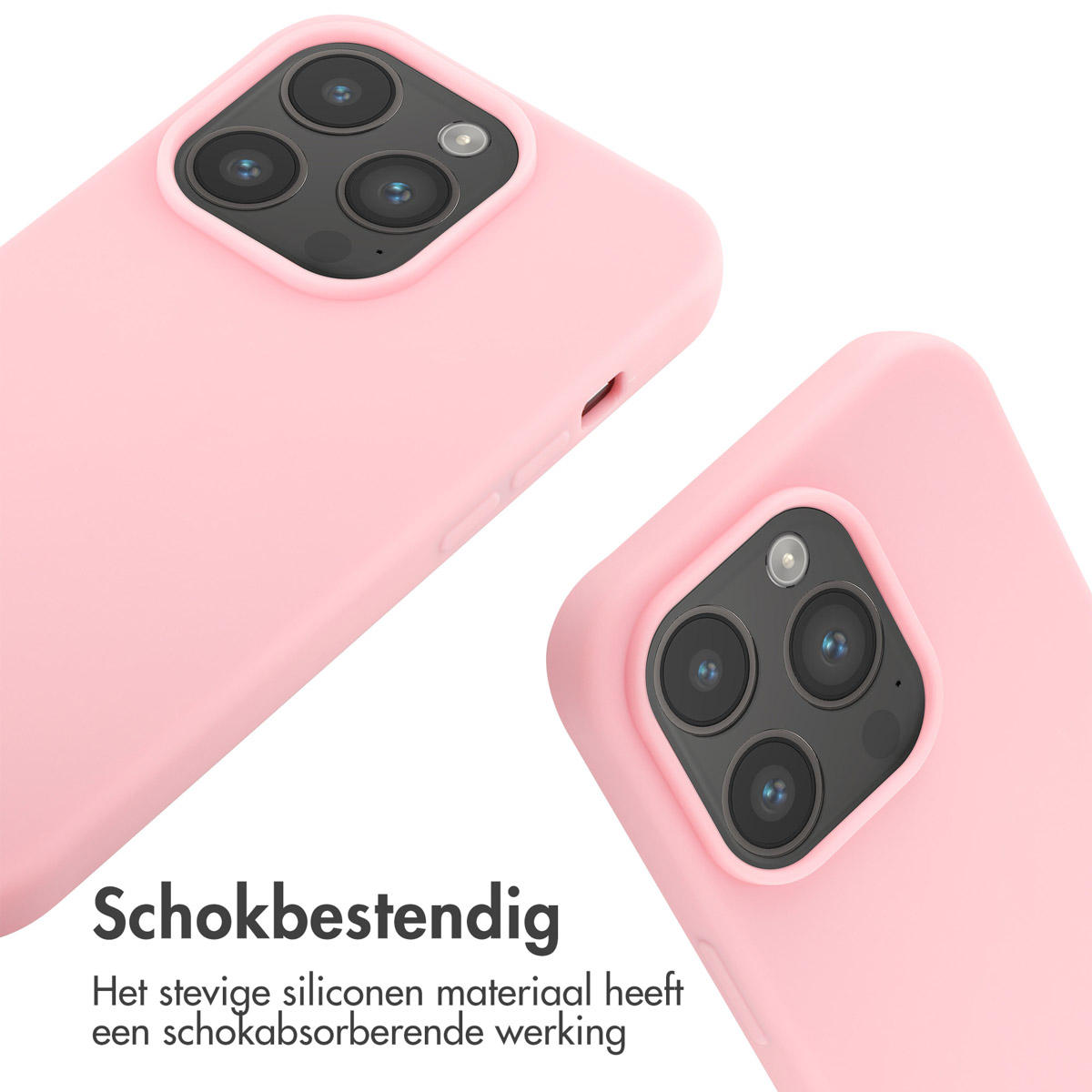 Twee roze telefoonhoesjes schuin naar de kijker, met de camerabulten zichtbaar aan de bovenkant.