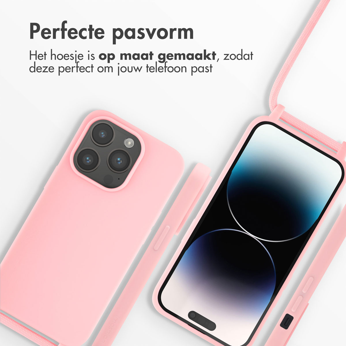 Telefoon in roze hoesje met bandje. Een andere telefoon in een hoesje wordt ook getoond.