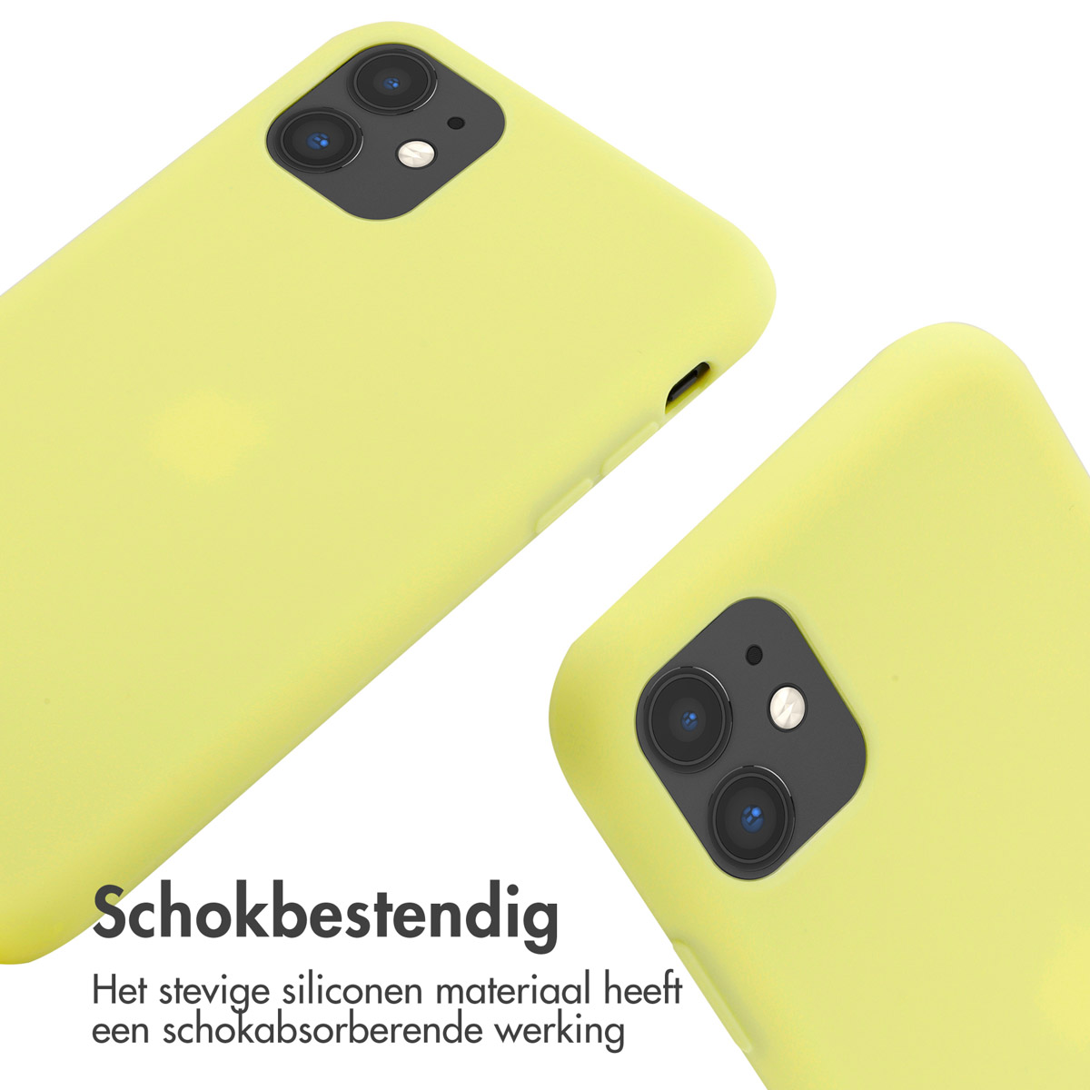 Twee gele telefoonhoesjes, schuin, met de tekst 'schokbestendig'.