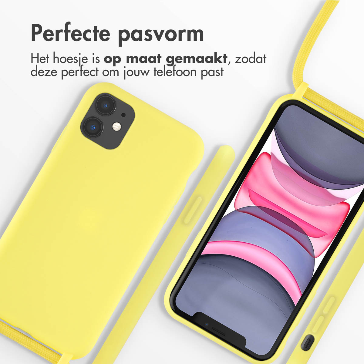 Gele telefoonhoes met een koord. De telefoon zit in de hoes. De telefoonhoes is geel.