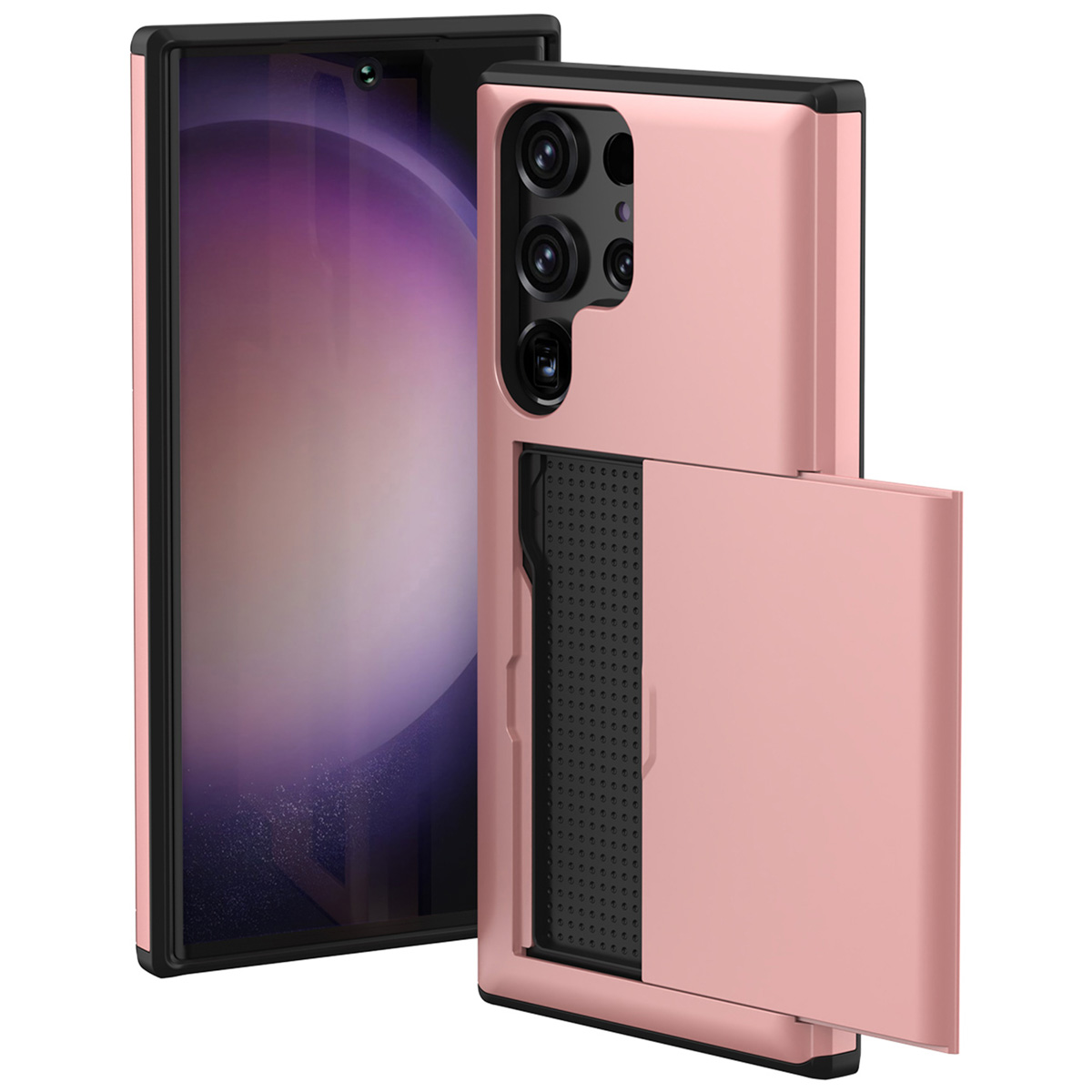 Coque de téléphone rose avec fente pour carte, écran du téléphone à gauche. Coque noire et rose avec découpes pour appareil photo.