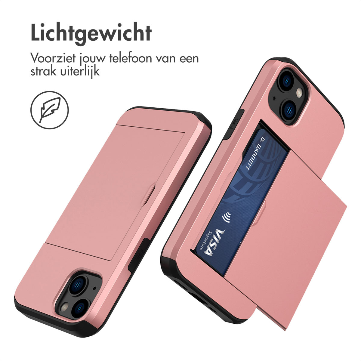Roze telefoonhoes met kaartsleuf, open, toont een creditcard. Witte achtergrond.
