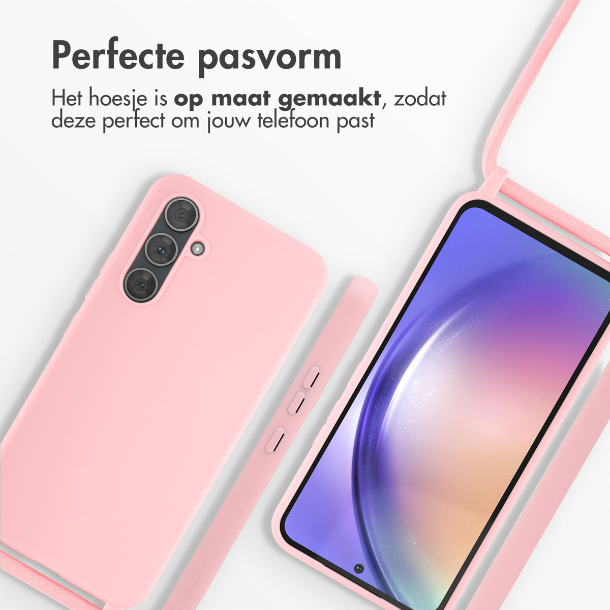 Roze telefoonhoesje met een koord, en tekst: perfecte pasvorm.