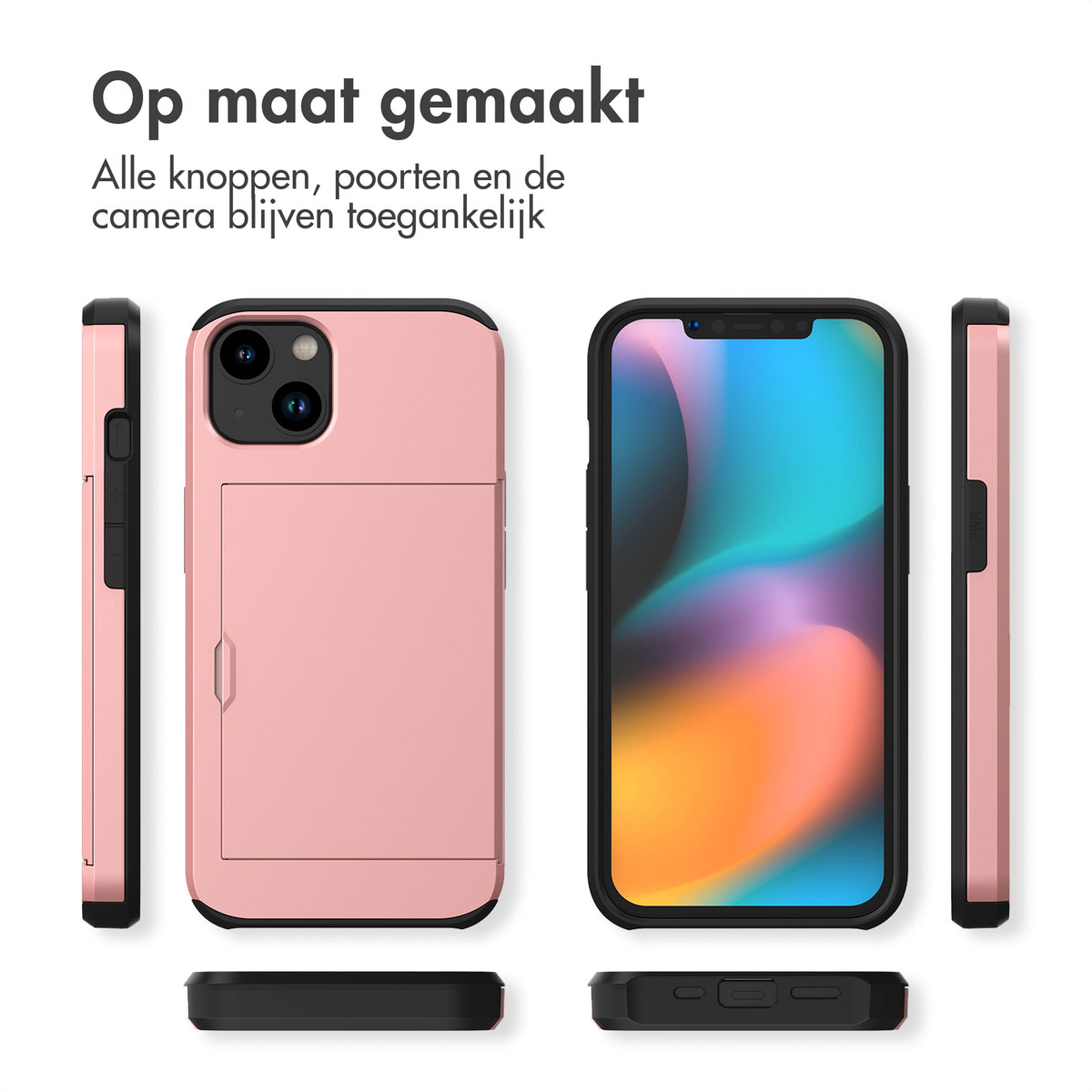 Coque de téléphone rose avec téléphone, vues latérales. Texte : Fabriqué sur mesure. Tous les boutons, ports, caméra restent accessibles.
