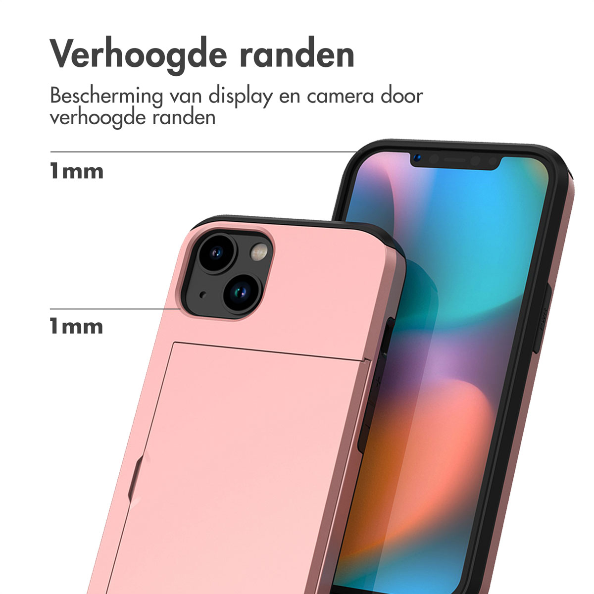 Coque de téléphone rose avec téléphone, montrant les bords surélevés.