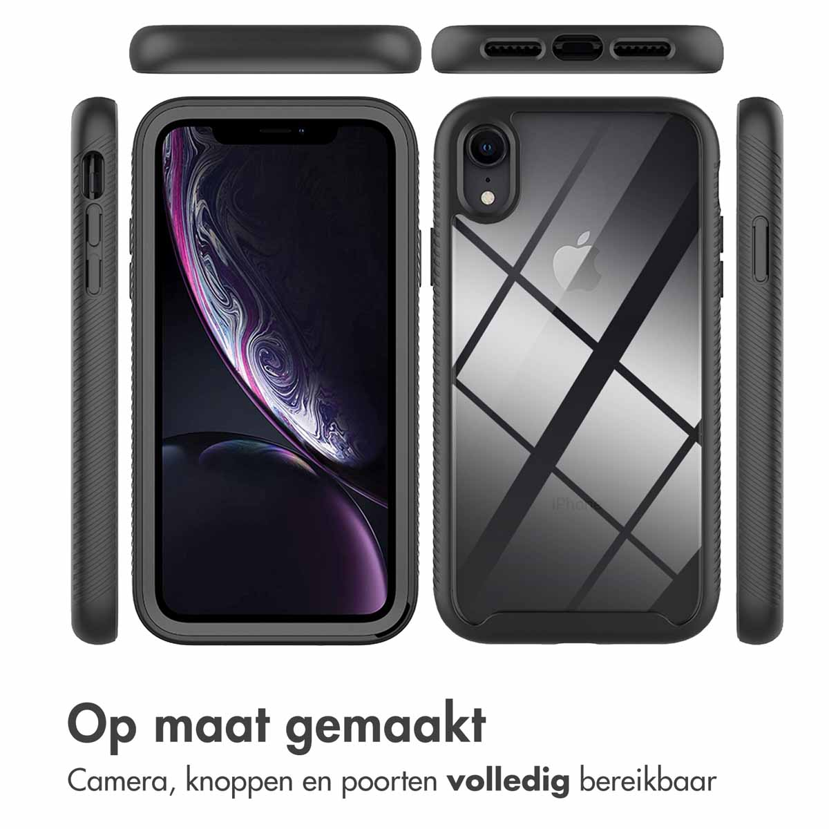 Zwarte telefoonhoes met telefoon erin. De hoes is gemaakt van zwart plastic en heeft een doorzichtige achterkant. Het scherm is zichtbaar.