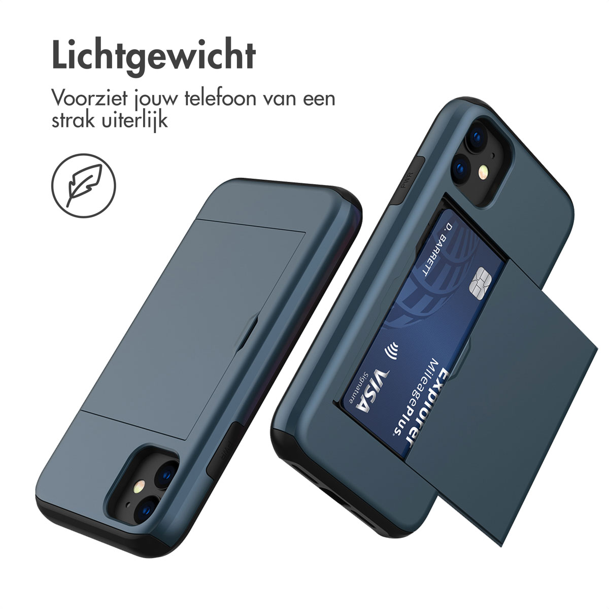 Twee telefoonhoesjes, één open met een creditcard, beide blauw. Tekst in het Nederlands. Een veerpictogram is zichtbaar.