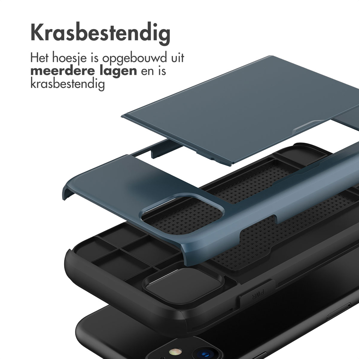 Exploded view van telefoonhoesje. Hoesje toont lagen. Blauwe, zwarte en transparante lagen zijn zichtbaar. De achtergrond is wit.