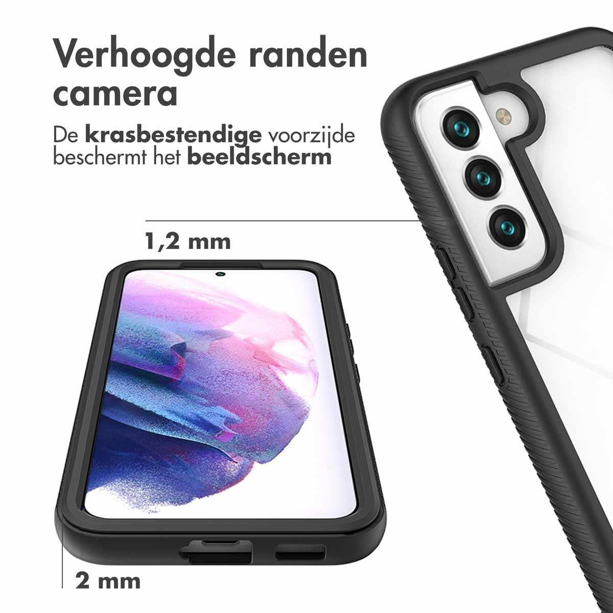 Close-up van een telefoonhoesje met een telefoon erin. De hoes is zwart, de telefoon is wit en het scherm is zichtbaar.