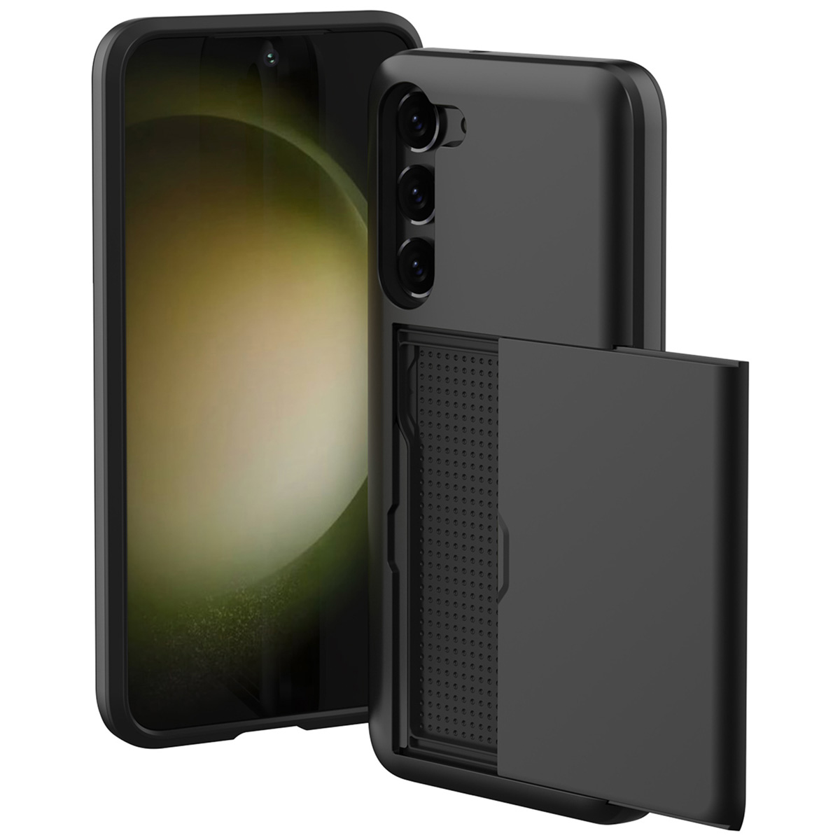 Coque de téléphone noire avec fente pour carte. L'écran du téléphone est visible avec un fond sombre et abstrait.