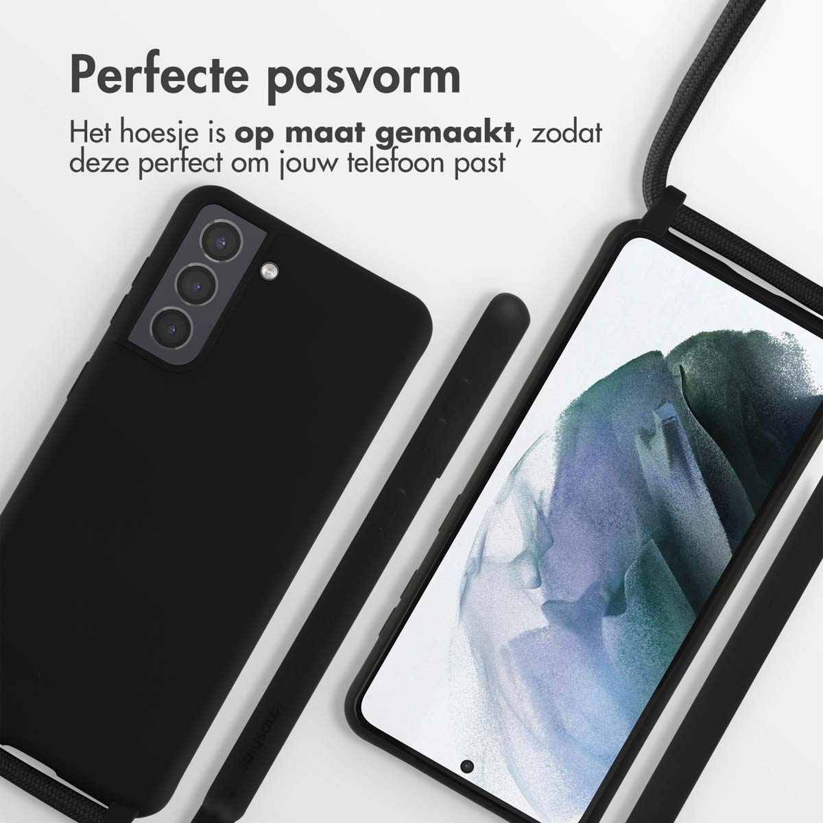 Due telefoni con custodie nere e uno stilo. Lo sfondo è bianco. Testo in olandese. Le custodie sono su un tavolo.