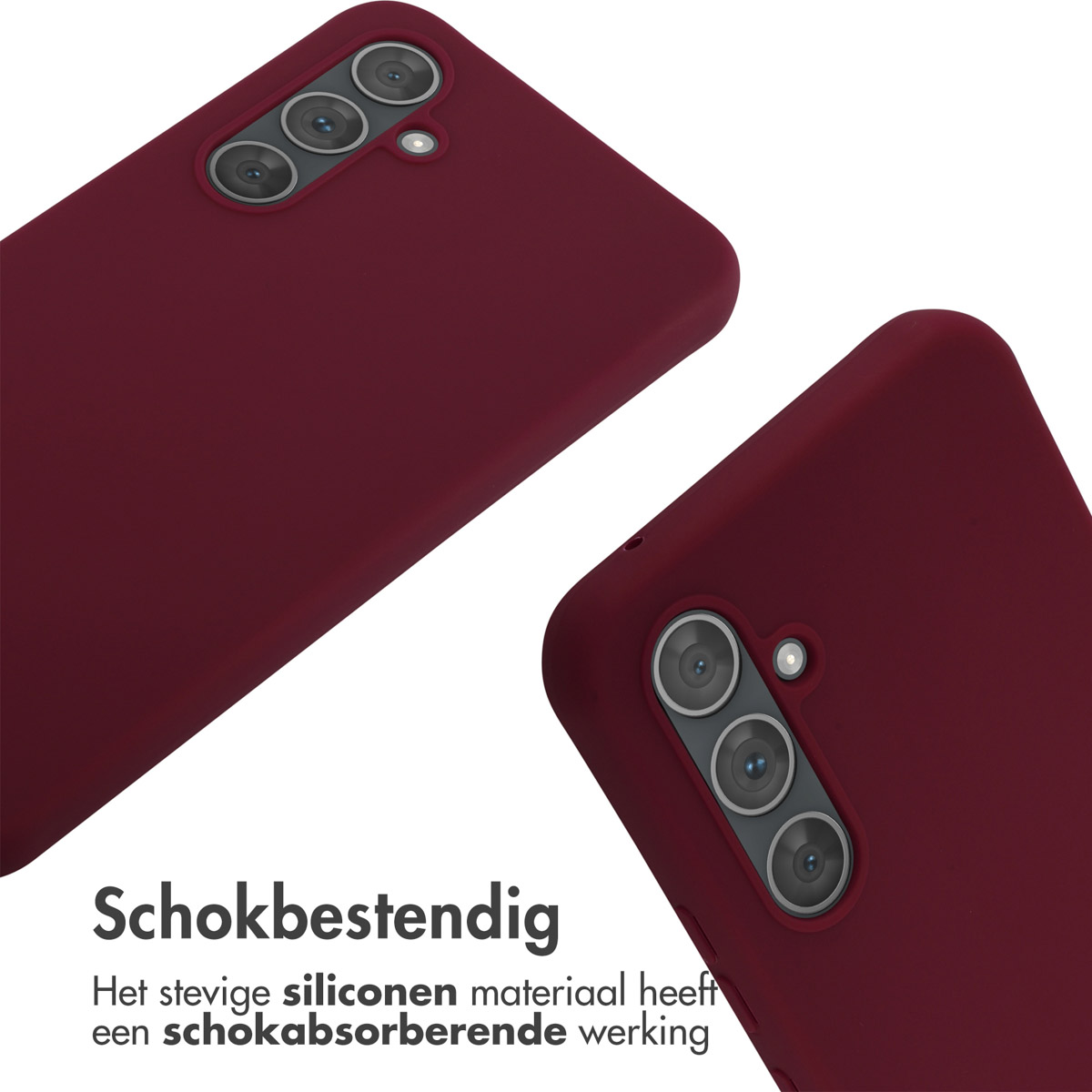 Rode telefoonhoesjes met camera-uitsparingen. De tekst zegt: schokbestendig.