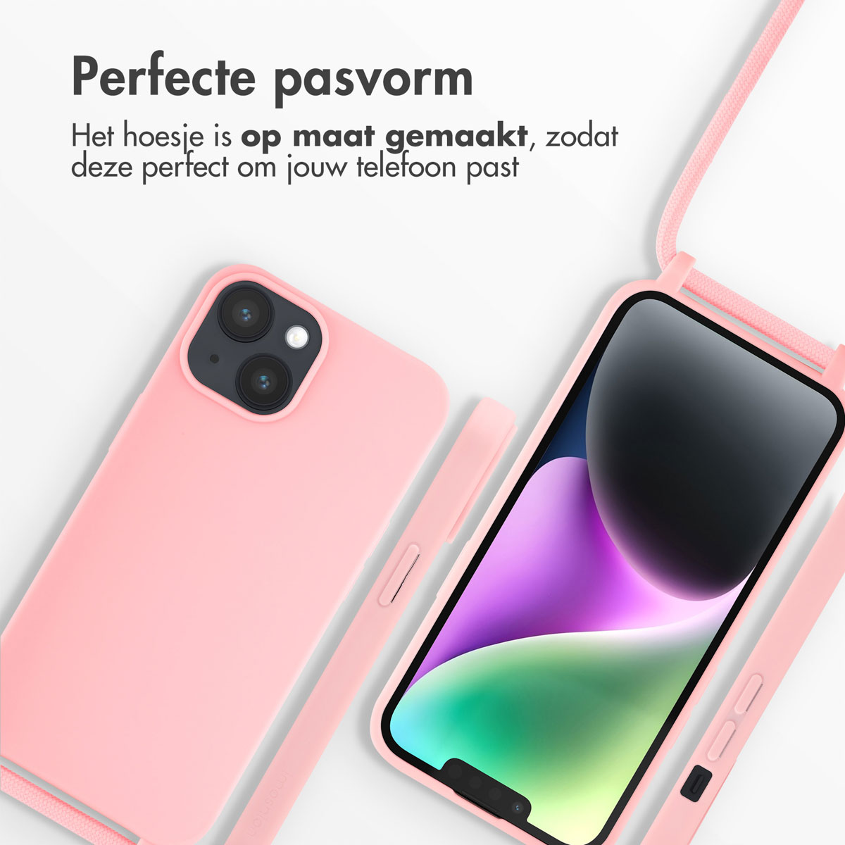 Rosa Handyhülle und Telefon mit Lanyard. Text: Perfekte Passform. Die Hülle passt perfekt auf Ihr Telefon.